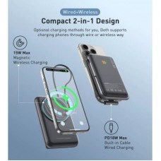 Батарея универсальная Choetech Magnetic Wireless 10000mAh 20W, PD, Qi-15W, USB-C In/Out, build-in cabel, Black - Фото