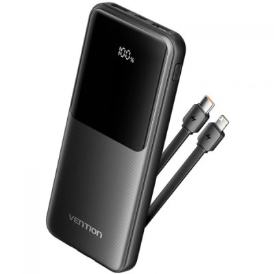 Батарея універсальна Vention 10000 mAh 22.5 W 3 A PD, Built-in USB-C+Lightning Cables, Black (FHOB0)