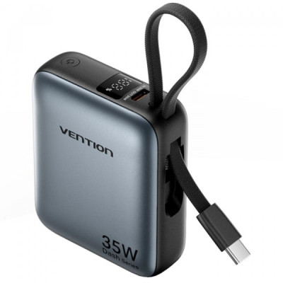 Батарея універсальна Vention 10000 mAh 35 W 3 A PD, Type-C in/out, Built-in USB-C Cable, LED Display,Gray