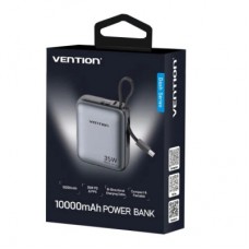 Батарея універсальна Vention 10000 mAh 35 W 3 A PD, Type-C in/out, Built-in USB-C Cable, LED Display,Gray - Фото