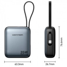 Батарея універсальна Vention 10000 mAh 35 W 3 A PD, Type-C in/out, Built-in USB-C Cable, LED Display,Gray - Фото