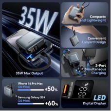 Батарея універсальна Vention 10000 mAh 35 W 3 A PD, Type-C in/out, Built-in USB-C Cable, LED Display,Gray - Фото