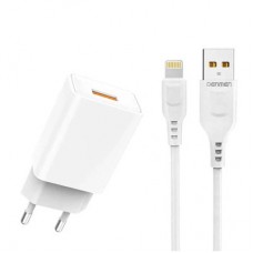 Зарядний пристрій Denmen 1xUSB 2.4 A + cable USB to Lightning white (DC01L-WH)