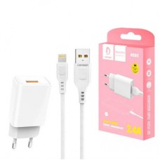 Зарядний пристрій Denmen 1xUSB 2.4 A + cable USB to Lightning white (DC01L-WH) - Фото