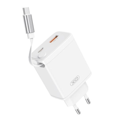 Зарядное устройство XO 1xUSB-C + 1xUSB QC30W GaN + cable USB-C to USB-C white (XO-CE31)