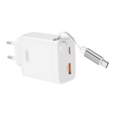 Зарядное устройство XO 1xUSB-C + 1xUSB QC30W GaN + cable USB-C to USB-C white (XO-CE31) - Фото
