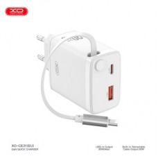 Зарядное устройство XO 1xUSB-C + 1xUSB QC30W GaN + cable USB-C to USB-C white (XO-CE31) - Фото