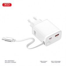 Зарядное устройство XO 1xUSB-C + 1xUSB QC30W GaN + cable USB-C to USB-C white (XO-CE31) - Фото