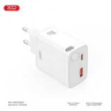 Зарядное устройство XO 1xUSB-C + 1xUSB QC30W GaN + cable USB-C to USB-C white (XO-CE31) - Фото