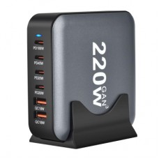Зарядное устройство XoKo 1xUSB-С PD100W + 1xUSB-С PD45W + 2xUSB-С PD20W + 2xUSB QC18W 220W GaN (QC-220) - Фото