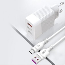 Зарядное устройство XO 1xUSB QC3.0 18W + 2xUSB 2.4A + cable USB-C white (L72-TC-WH) - Фото