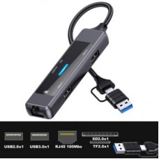 Концентратор XoKo USB-C 5-in-1 USB 3.0 + USB 2.0 + SD/TF + RJ45 100Mbps silver (XK-AC-350) - Фото