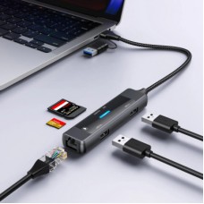 Концентратор XoKo USB-C 5-in-1 USB 3.0 + USB 2.0 + SD/TF + RJ45 100Mbps silver (XK-AC-350) - Фото