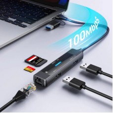 Концентратор XoKo USB-C 5-in-1 USB 3.0 + USB 2.0 + SD/TF + RJ45 100Mbps silver (XK-AC-350) - Фото