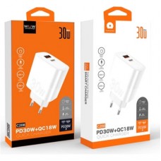 Зарядний пристрій WUW C208 1xUSB-C PD30W + 1xUSB QC3.0 18 White (6972573333417) - Фото