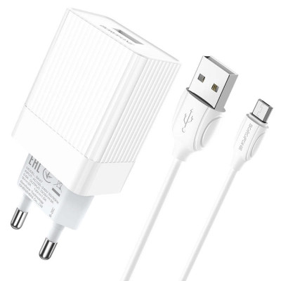 Зарядний пристрій BOROFONE BA47A USB QC3.0 18 W + cable USB to Micro 5P white (6931474728302)