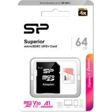 Карта памяти Silicon Power 64GB microSDXC class 10 UHS-I U3 V30 A1 Superior (SP064GBSTXDV3V20SP) - Фото