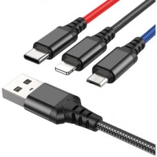 Дата кабель USB 2.0 AM to Lightning + Micro 5P + USB-C 1.0m 2A nylon black+red+blue HOCO (6931474768636) - Фото