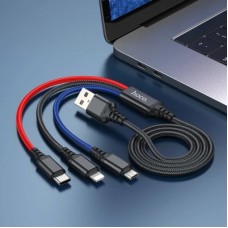 Дата кабель USB 2.0 AM to Lightning + Micro 5P + USB-C 1.0m 2A nylon black+red+blue HOCO (6931474768636) - Фото