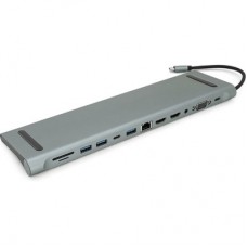 Концентратор Voltronic USB-C 12-in-1 USB-C + 2xUSB 2.0 + USB 3.0 + 2xHDMI + VGA + SD/TF + RJ45 + 3.5mm + PD 0.1m silver - Фото