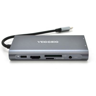 Концентратор VEGGIEG USB-C 7-in-1 USB-C + 3xUSB 3.0 + HDMI + VGA + SD/TF + RJ45 0.1m silver (TC10-U)