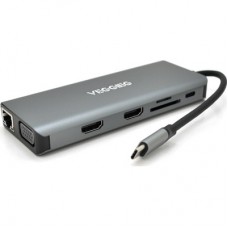 Концентратор VEGGIEG USB-C 9-in-1 USB-C + 4xUSB 3.0 + 2xHDMI + VGA + SD/TF + RJ45 0.1m silver (TC12) - Фото
