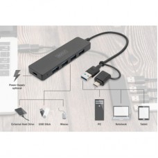 Концентратор Digitus USB-C + USB-A to 4xUSB-A 0.2m black (DA-70235) - Фото