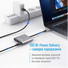 Концентратор ColorWay USB-C 3-in-1 USB 3.0 + HDMI 4K + USB-C PD100W (CW-HUB08) - Фото