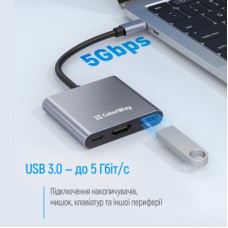 Концентратор ColorWay USB-C 3-in-1 USB 3.0 + HDMI 4K + USB-C PD100W (CW-HUB08) - Фото