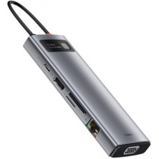 Концентратор Baseus USB3.1 Type-C to USB C(PD)100W/HDMI 4K 30Hz/VGA/USB3.2/RJ45/SD+TF,9in1 Grey (CAHUB-CU0G) - Фото