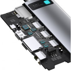 Концентратор Baseus USB3.1 Type-C to USB C(PD)100W/HDMI 4K 30Hz/VGA/USB3.2/RJ45/SD+TF,9in1 Grey (CAHUB-CU0G) - Фото