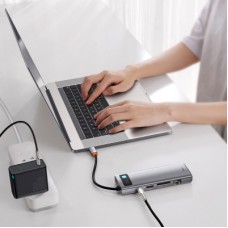 Концентратор Baseus USB3.1 Type-C to USB C(PD)100W/HDMI 4K 30Hz/VGA/USB3.2/RJ45/SD+TF,9in1 Grey (CAHUB-CU0G) - Фото