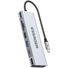 Концентратор Essager USB-C 8-in-1 HDMI + USB 3.2 + USB-C + SD/TF + M.2 PCIe/NVMe/SATA SSD support gray (EHB08-QK0G-Z) - Фото
