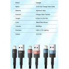 Дата кабель USB 2.0 AM to Lightning 2.0m 2.4A black Essager (EXCL-XCA01) - Фото