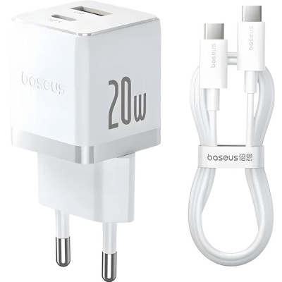 Зарядное устройство Baseus 1xUSB-C 20W + 1xUSB white + cable USB-C to USB-C 60W 1.0m (P10111608213-01)