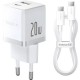 Зарядное устройство Baseus 1xUSB-C 20W + 1xUSB white + cable USB-C to USB-C 60W 1.0m (P10111608213-01)