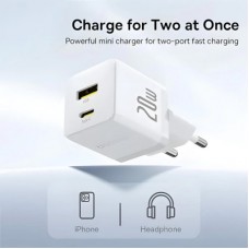 Зарядний пристрій Baseus 1xUSB-C 20 W + 1xUSB white + cable USB-C to USB-C 60 W 1.0 m (P10111608213-01) Зарядний пристрій Baseus 1xUSB-C 20 W + 1xUSB white + cable USB-C to USB-C 60 W 1.0 m (P10111608213-01) - Фото