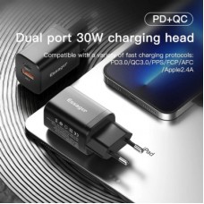 Зарядний пристрій Essager 1xUSB + 1xUSB-C PD30W black (ECTPQS-ZTB01) - Фото