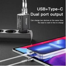Зарядний пристрій Essager 1xUSB + 1xUSB-C PD30W black (ECTPQS-ZTB01) - Фото