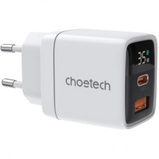 Зарядное устройство Choetech 1xUSB + 1xUSB-C PD35W with display white (PD6052-EU-WH) - Фото