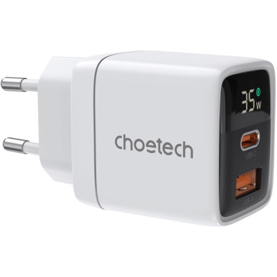 Зарядное устройство Choetech 1xUSB + 1xUSB-C PD35W with display white (PD6052-EU-WH)