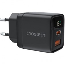 Зарядное устройство Choetech 1xUSB + 1xUSB-C PD35W with display black (PD6052-EU-BK) - Фото