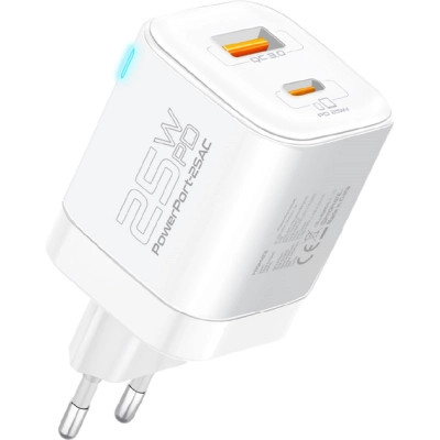 Зарядний пристрій Promate USBC PD25W + USBA QC3.0 18 W White (powerport-25ac.white)