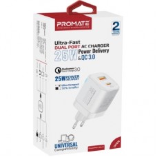 Зарядний пристрій Promate USBC PD25W + USBA QC3.0 18 W White (powerport-25ac.white) - Фото