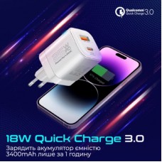 Зарядний пристрій Promate USBC PD25W + USBA QC3.0 18 W White (powerport-25ac.white) - Фото