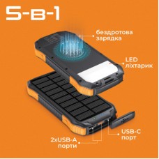 Батарея универсальная Promate 10000mAh PD/20W, QC/3/0, Solar, QI, IP65 (solartank-10pdqi.black) - Фото