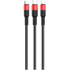 Дата кабель USB 2.0 AM to Lightning + Micro 5P + USB-C 1.0m Xpress one X26 black+red HOCO (6957531080282) - Фото
