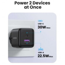 Зарядний пристрій UGREEN USB + USB-C GaN 30 W X516 black (65014) - Фото