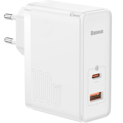 Зарядное устройство Baseus 1xUSB-C + 1xUSB GaN 100W + cable USB-C to USB-C white (CCGP090202)
