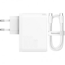 Зарядний пристрій Baseus 1xUSB-C + 1xUSB GaN 100 W + cable USB-C to USB-C white (CCGP090202) - Фото